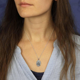 Sterling Silver Three Mushroom Necklace with Bronze Star and Moon Embellishments on Woman