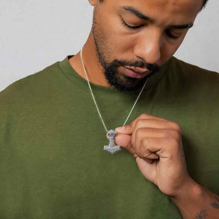 Sterling Silver Mjolnir Hammer Necklace on Model