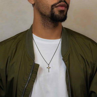 Silver Cross Chain Necklace on Man