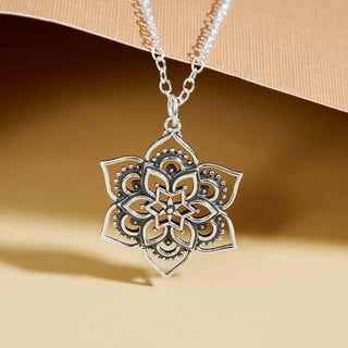 Nina Designs Sterling Silver Lotus Flower Mandala Necklace on Silver Chain