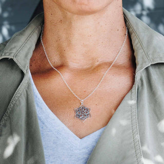Sterling Silver Lotus Mandala Necklace on Woman