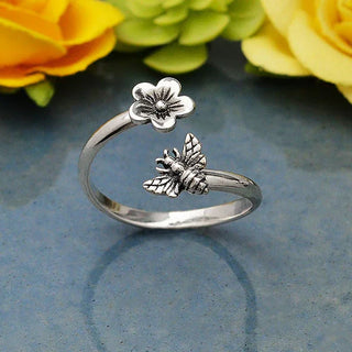 Nina Designs Sterling Silver Bee and Blossom Adjustable Ring