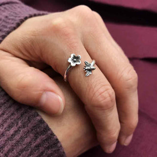 Sterling Silver Bee and Flower Adjustable Ring on Finger