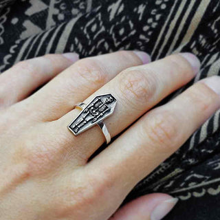Sterling Silver Skeleton in Coffin Ring on Hand