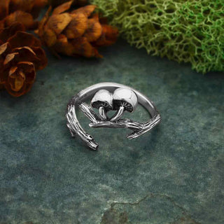 Sterling Silver Adjustable Ring with Branch and Two Mushrooms
