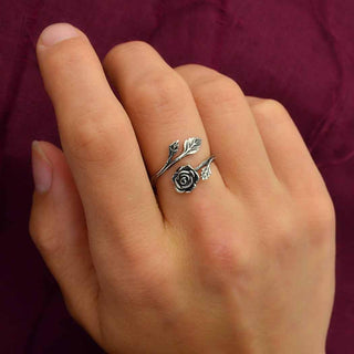 Adjustable Sterling Silver Rose Ring on Hand