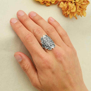 Sterling Silver Mandala Flower Ring on Hand