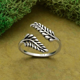 Sterling Silver or Bronze Adjustable Sprig Leaf Ring - Nina Designs