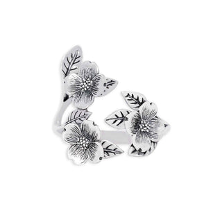 Sterling Silver or Bronze Adjustable Dogwood Flower and Leaf Ring - Nina Designs