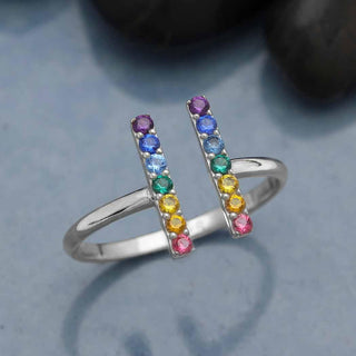 Nina Designs Sterling Silver Vertical Bars Ring with Rainbow Nanogems