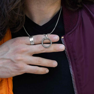 Sterling Silver Hammered Wide Band Ring on Model