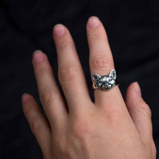 Silver Cat Head Ring on Finger