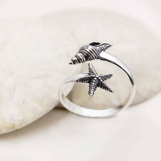 Nina Designs Sterling Silver Sea star and Conch Shell Adjustable Ring