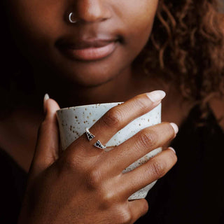 Adjustable Sterling Silver Ring with Black Crystals on Hand