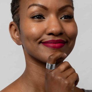 Wide Sterling Silver Hammered Band Ring on Woman