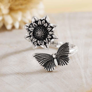 Nina Designs Sterling Silver Butterfly and Dahlia Adjustable Ring