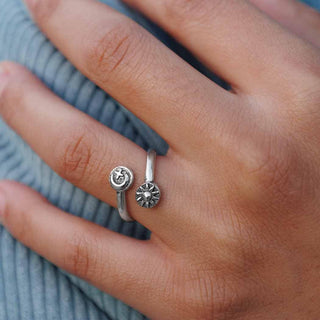 Adjustable Sterling Silver Sun and Moon Ring on Hand