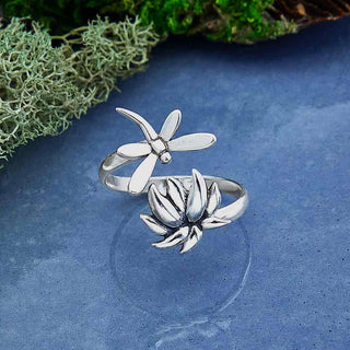 Nina Designs Sterling Silver Lotus and Dragonfly Adjustable Ring