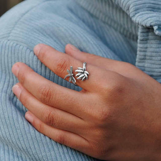 Adjustable Sterling Silver Dragonfly and Lotus Flower Ring