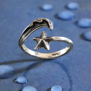Nina Designs Sterling Silver Starfish and Wave Adjustable Ring