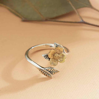 Nina Designs Adjustable Ring with Bronze Dogwood Flower and Silver Leaves