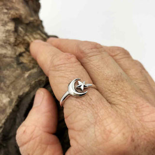 Adjustable Sterling Silver Moon and Star Ring