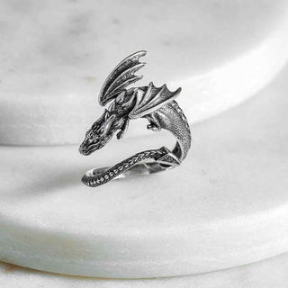 Adjustable Sterling Silver Sitting Dragon Ring