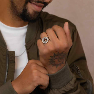 Mixed Metal Chunky Compass Signet Ring on Male Hand