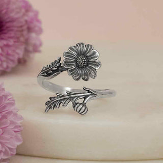 Sterling Silver Adjustable Daisy Ring - April Birth Flower - Nina Designs