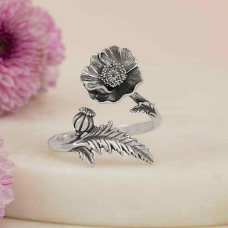 Sterling Silver Adjustable Poppy Ring - August Birth Flower - Nina Designs