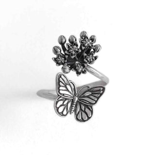 Sterling Silver Monarch and Milkweed Adjustable Ring - Nina Designs