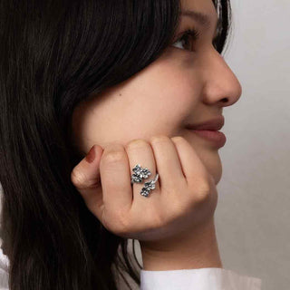 Adjustable Sterling Silver Hydrangea Ring on Hand