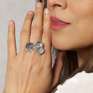 Sterling Silver Adjustable Lily Pads Ring on model