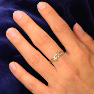 Sterling Silver and Bronze Star and Moon Ring Set on Hand