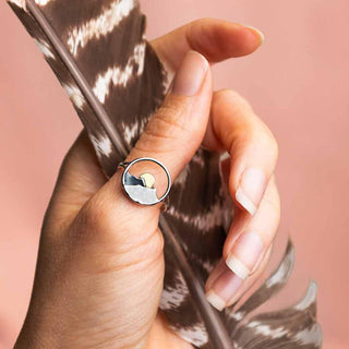 Sterling Silver Mountain Ring with Bronze Sun on Finger