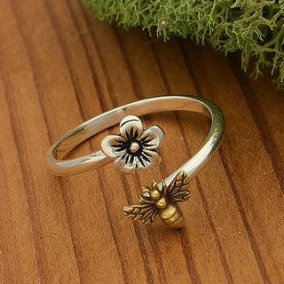 Sterling Silver Cherry Blossom with Bronze Bee Adjustable Ring