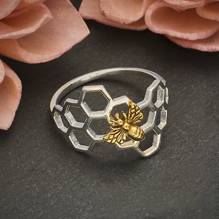 Silver Honeycomb Ring with Bronze Bee