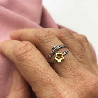 Silver Branch with Bronze Cherry Blossom Adjustable Ring on Hand