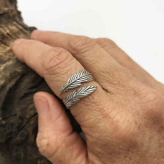 Adjustable Sterling Silver Feather Ring on Finger