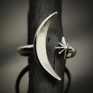 Adjustable Sterling Silver Crescent Moon and Star Ring