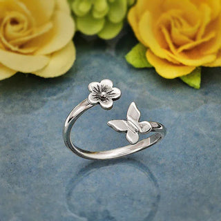 Nina Designs Sterling Silver Butterfly & Flower Adjustable Ring