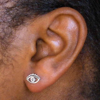 Sterling Silver Evil Eye Post Earring in ear