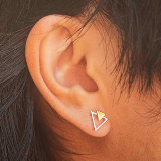 Sterling Silver and Bronze Double Triangle Earrings on Ear