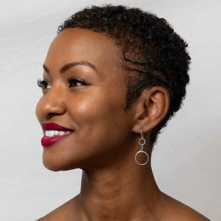 Sterling Silver Three Circle Dangle Earrings on Woman