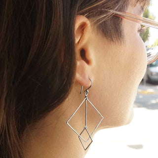 Sterling Silver Floating Square and Bar Earrings on model