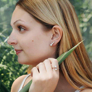 Sterling Silver Triple Pearl Earrings on Ear