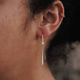 Sterling Silver Long Marquis Earrings with Pearls on model