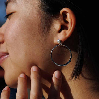 Pearl Post Earring with Sterling Silver Hoop on Woman