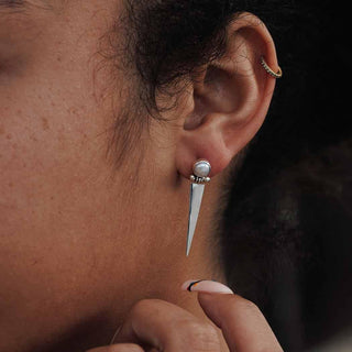 Sterling Silver Hinged Pearl and Spike Post Earring on Ear