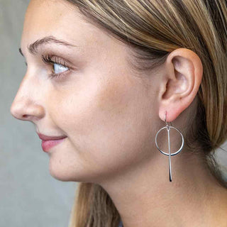 Sterling Silver Dangle Earrings with Circle and Long Line on Ear